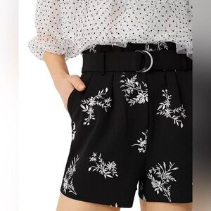 Maje Shorts Black White Ima Floral Embroidered Paper bag Waist Crepe EU-34 US-XS
